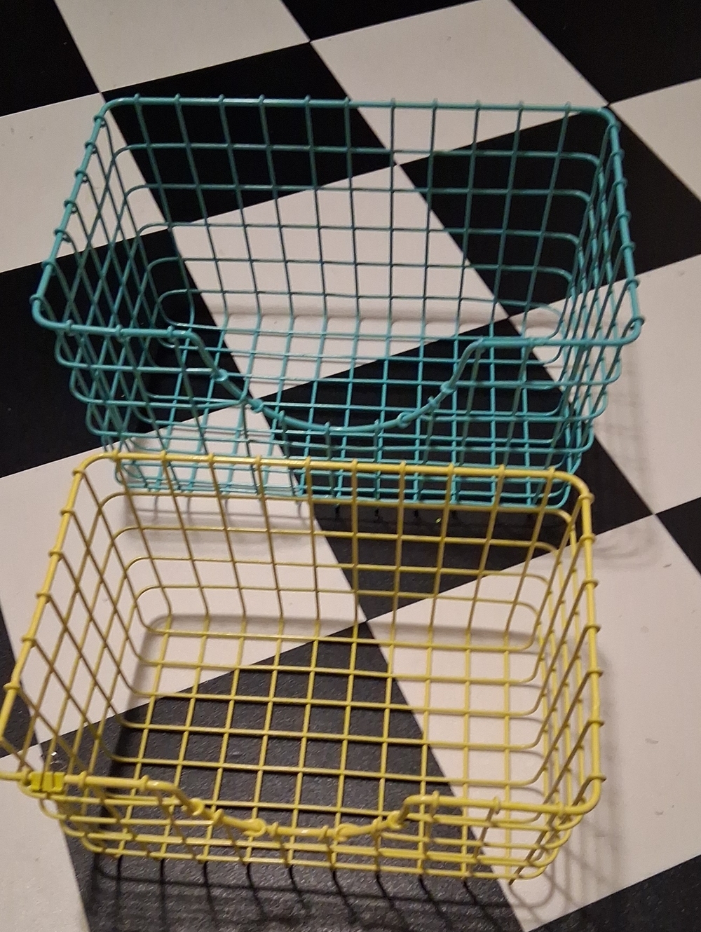 World Market Turquoise and Yellow Metal Wire Storage Baskets